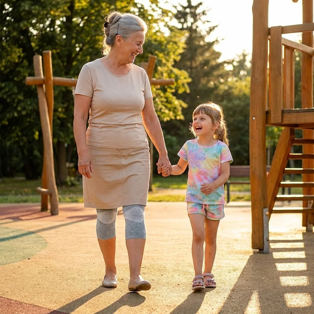 Babcia w rękawach Bambuknees trzyma wnuczkę za rękę na placu zabaw