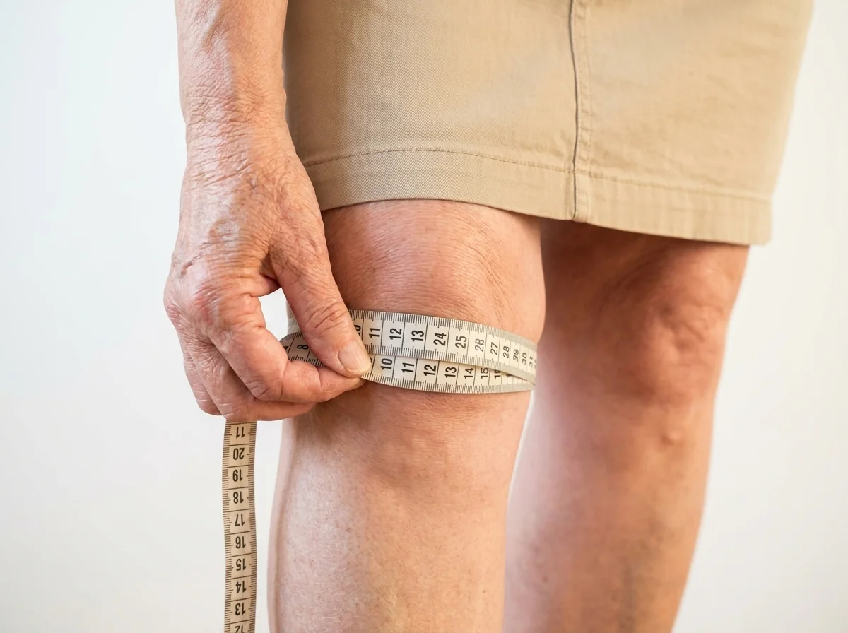 Pomiar obwodu kolana centymetrem krawieckim przed zakupem Bambuknees