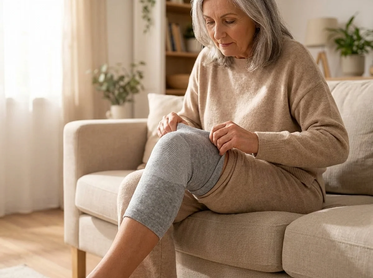 Kobieta siedząca na kanapie zakłada szary rękaw uciskowy Bambuknees na kolano